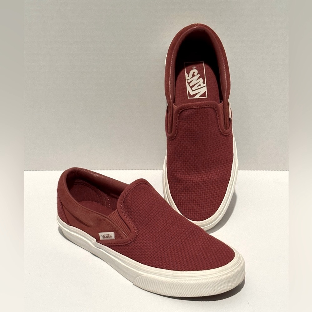 Vans Slip Ons in Burgandy, woven design, size 6.5, EUC